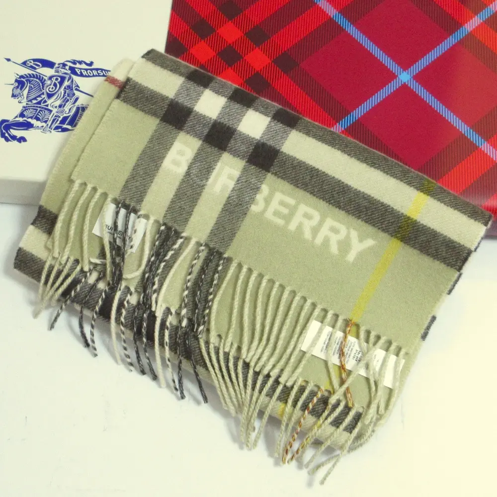 BURBERRY バーバリー ロゴ×ノバチェック柄 カシミヤ100％ フリンジマフラー 8074787 ベージュグレー