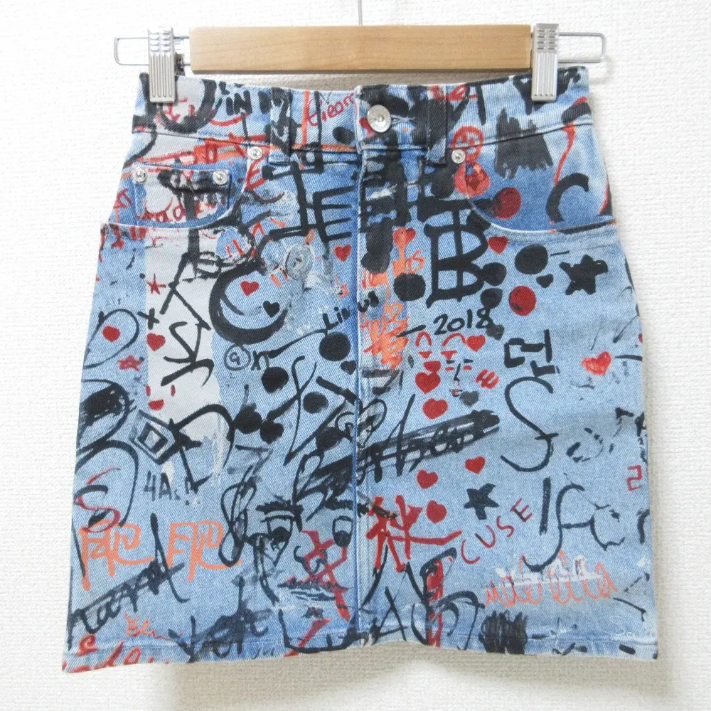 BURBERRY バーバリー グラフィックプリント ストレッチ デニム ミニスカート 34 インディゴ