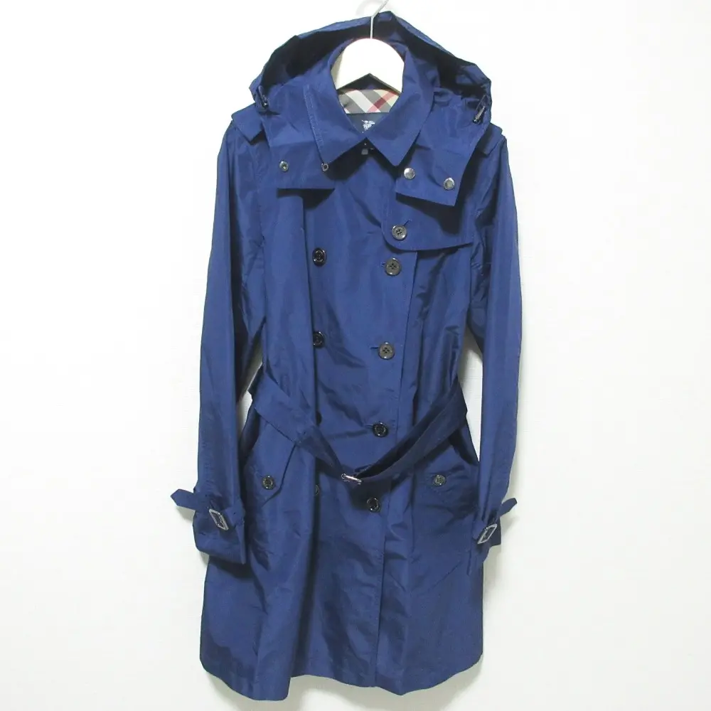 クリーニング済 BURBERRY バーバリーロンドン 裏地ノバチェック柄 フード2WAY トレンチコート 38 ブルー
