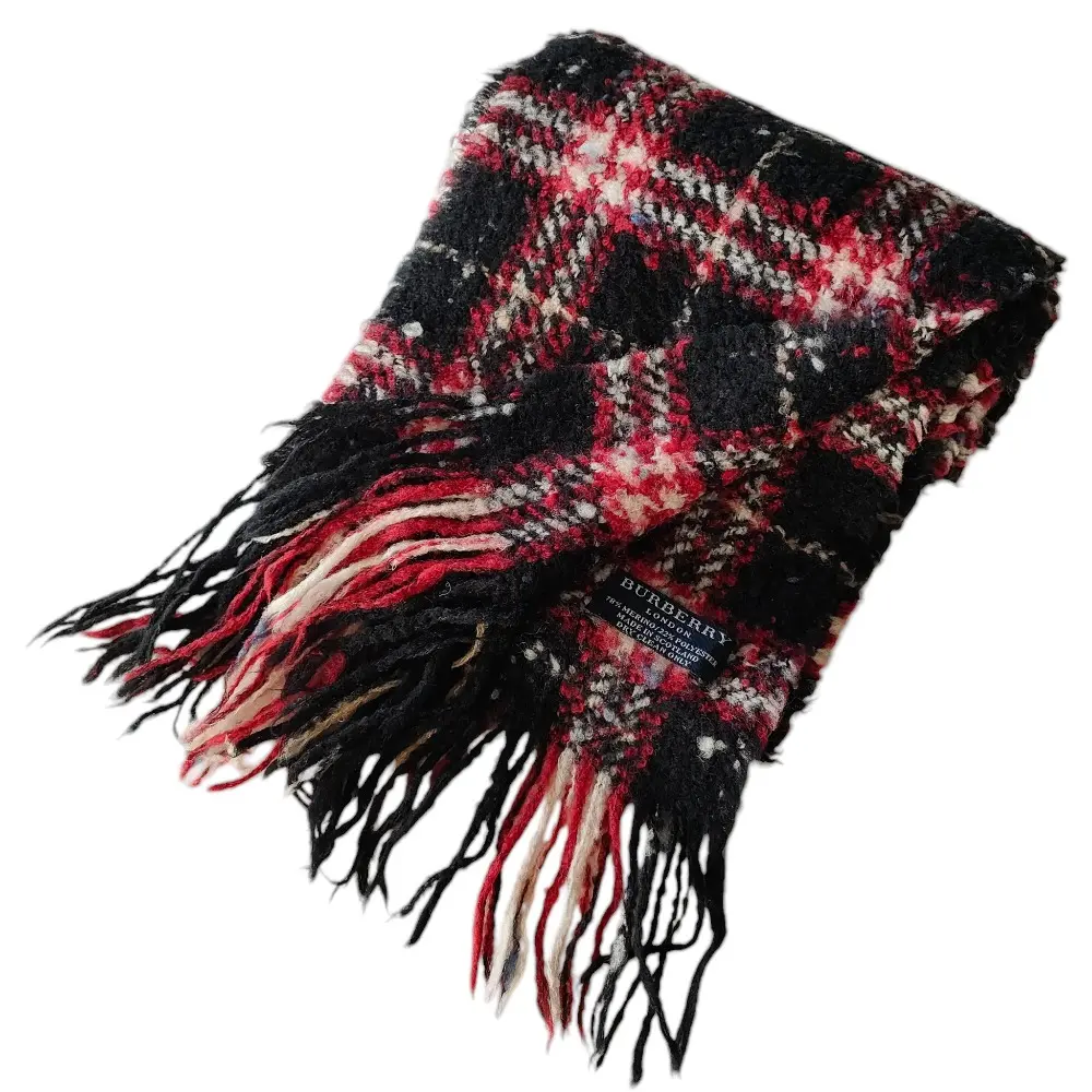 BURBERRY LONDON バーバリーロンドン ツイード ウールブレンド フリンジ マフラー ストール ブラック×レッド