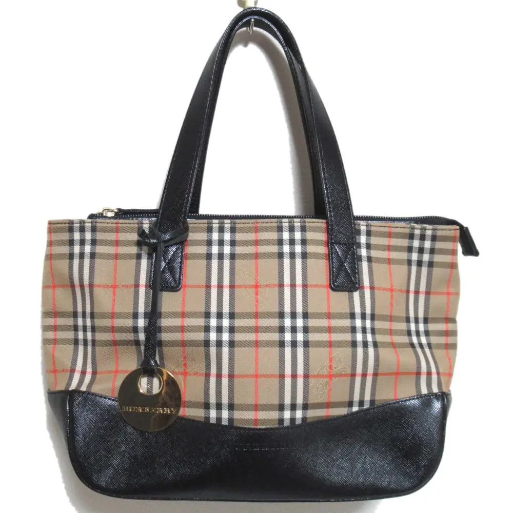 BURBERRY バーバリー ノバチェック柄 キャンバス×レザー ハンドバッグ 型押しロゴチャーム付き ベージュ×ブラック