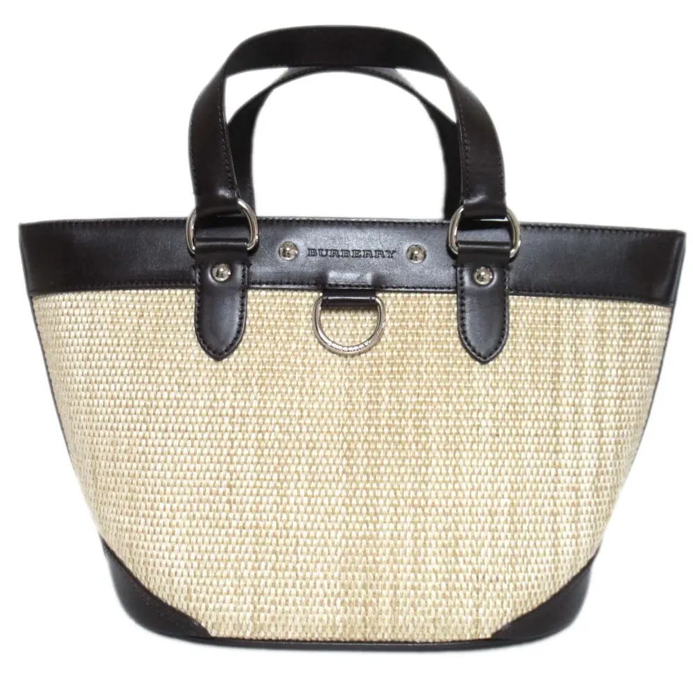 BURBERRY バーバリー ノバチェック柄ライニング ストロー×レザー トートバッグ ハンドバッグ ベージュ ダークブラウン