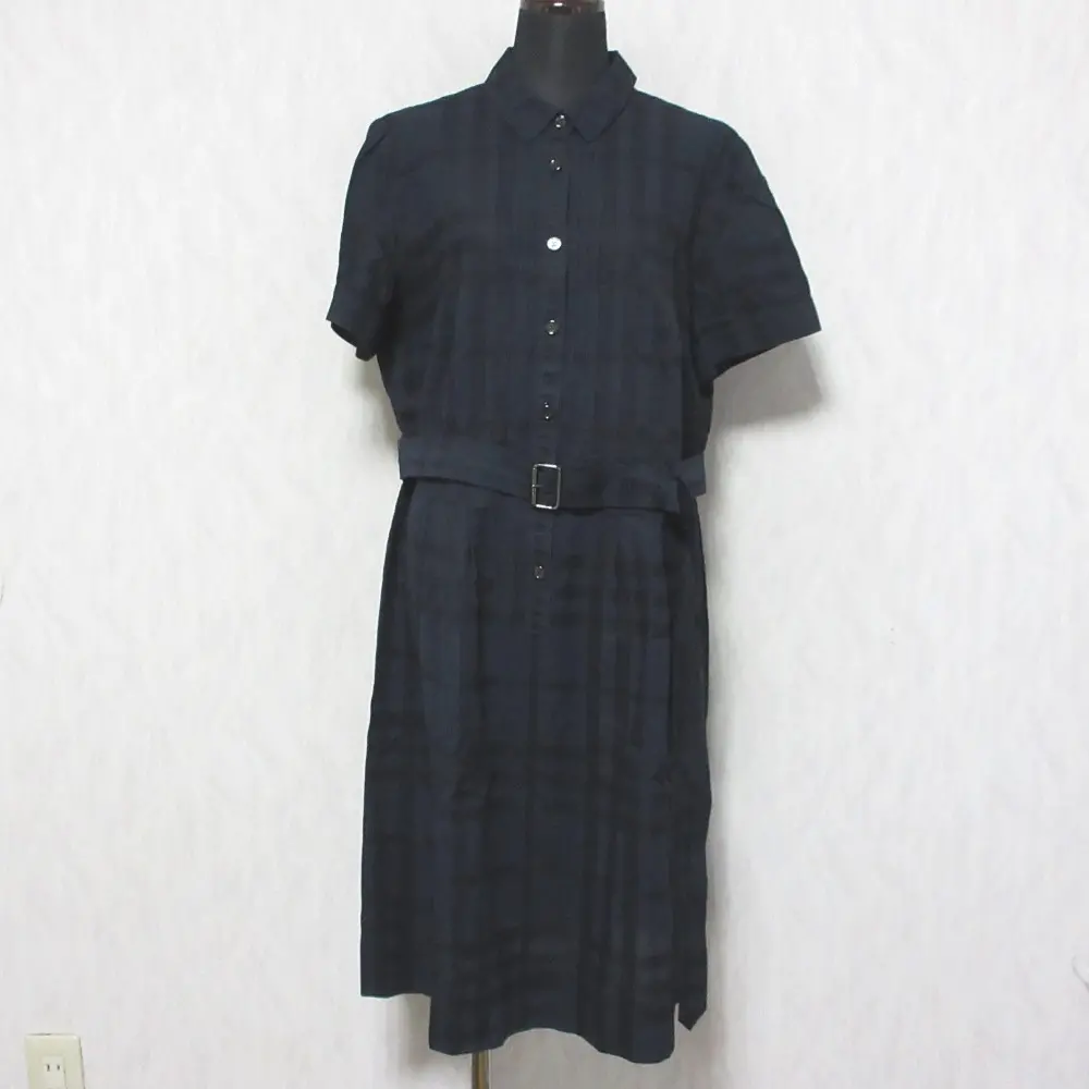 BURBERRY LONDON バーバリー チェック柄 リネン×コットン ベルテッド シャツワンピース 大きいサイズ 46 ネイビー