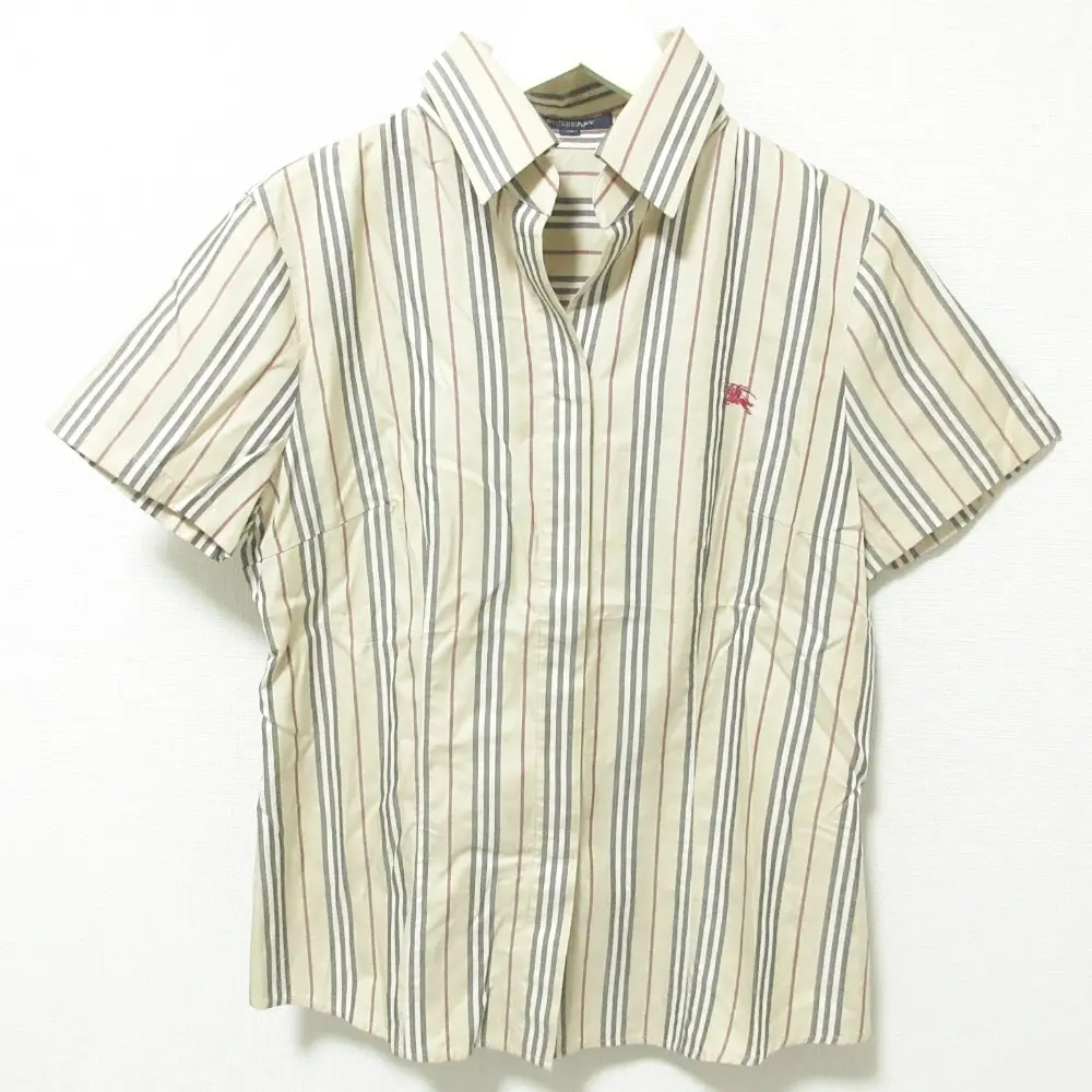 BURBERRY LONDON バーバリー ストライプ柄 ショートスリーブ 半袖 スキッパー シャツ ブラウス 42 ベージュ系
