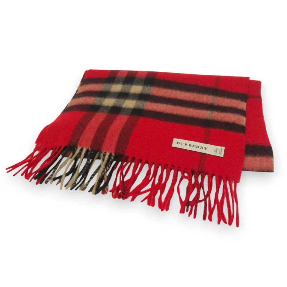 BURBERRY バーバリー カシミヤ100％ チェック柄 フリンジ マフラー ストール レッド系