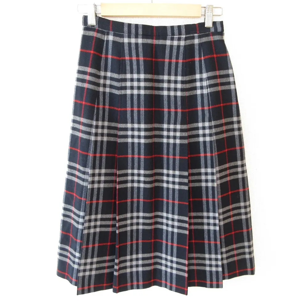 BURBERRY バーバリー ヴィンテージ チェック柄 ミモレ丈 プリーツスカート M ネイビー系