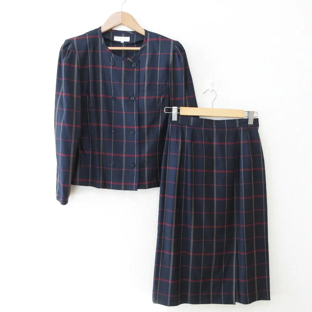 BURBERRY バーバリー ヴィンテージ チェック柄 シルクブレンド ノーカラージャケット＋スカート セットアップ スーツ 9R ネイビー