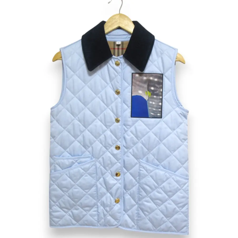 BURBERRY バーバリー 裏地ノバチェック モンタージュプリント 金ボタン 中綿 キルティングベスト XS ブルー系