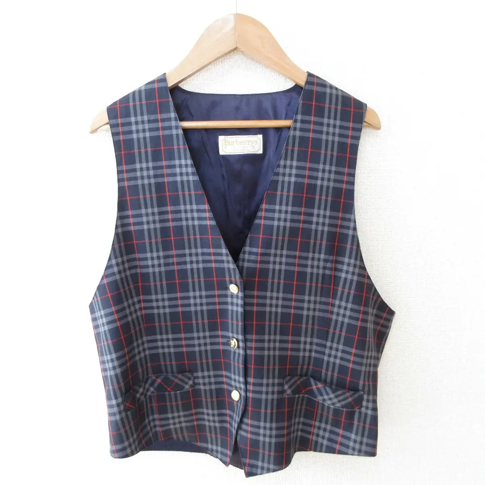 BURBERRY バーバリー ヴィンテージ チェック柄 切替 Vネック ジレ ベスト M ネイビー系