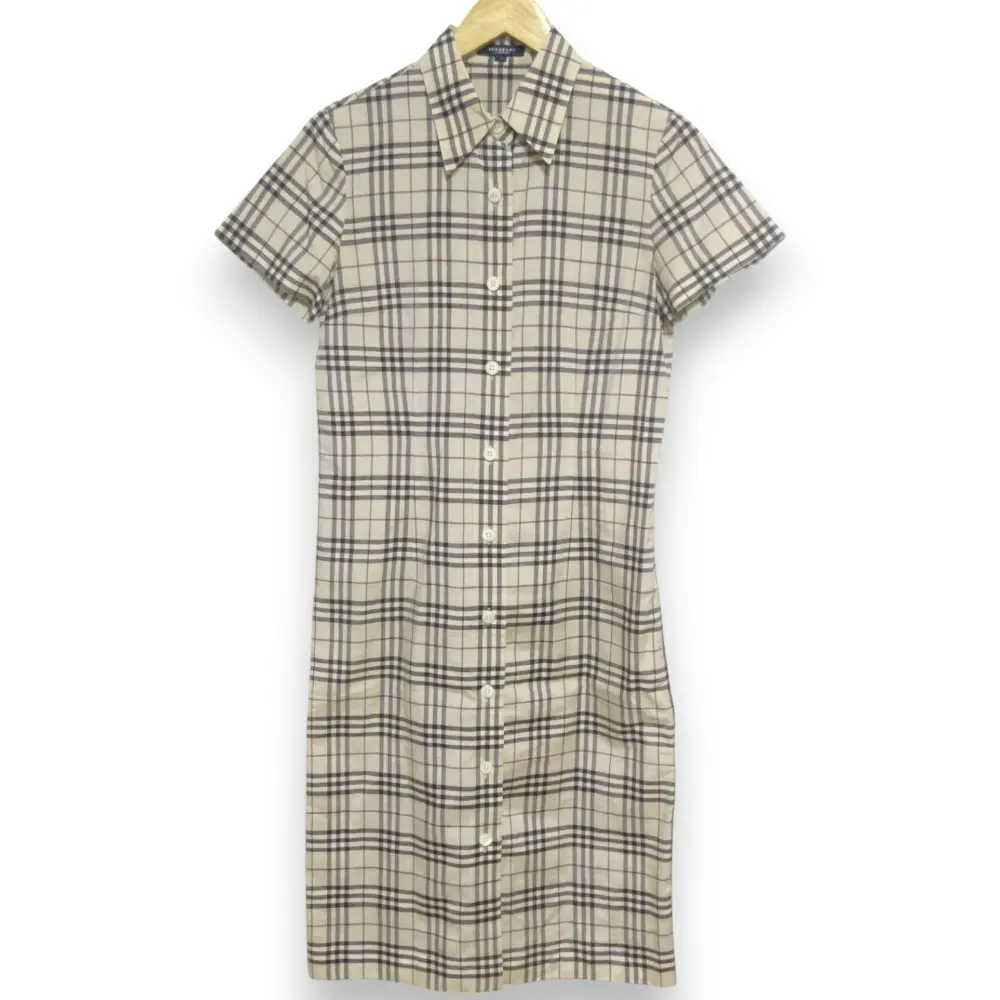 クリーニング済 BURBERRY LONDON バーバリーロンドン シルクナイロン ノバチェック 半袖 ロングシャツ ワンピース 40 ベージュ系