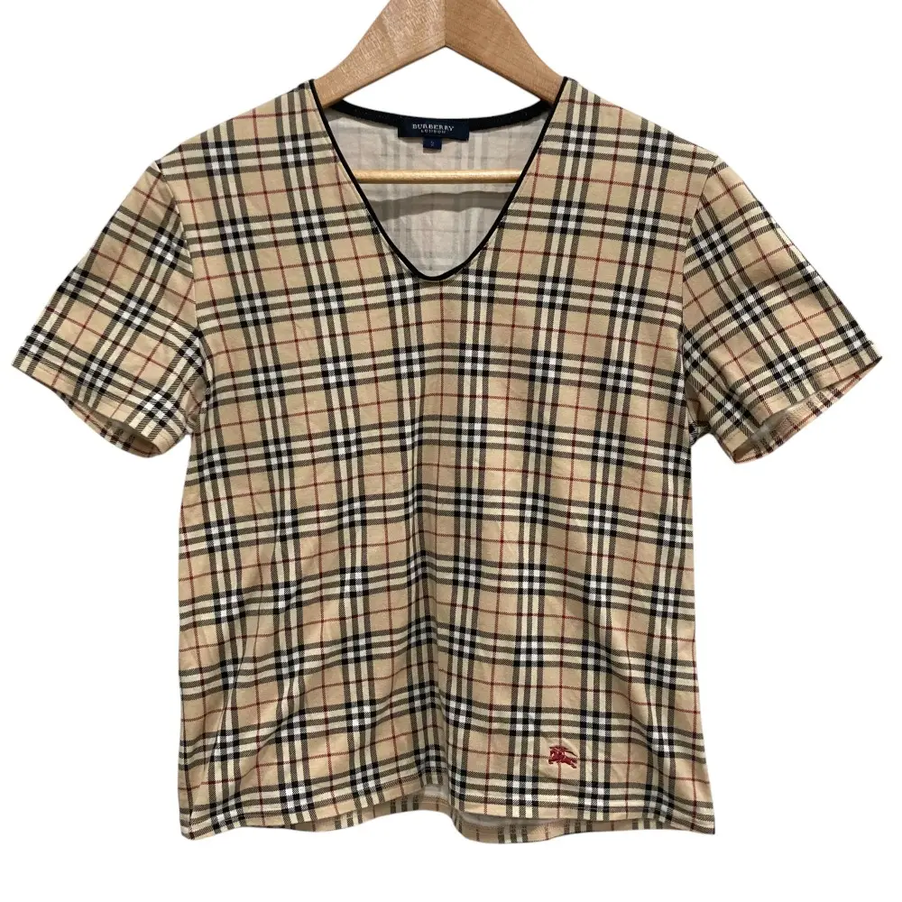 BURBERRY LONDON バーバリーロンドン ノバチェック柄 ホース刺繍 Vネック ストレッチ 半袖 Tシャツ カットソー ２ ベージュ