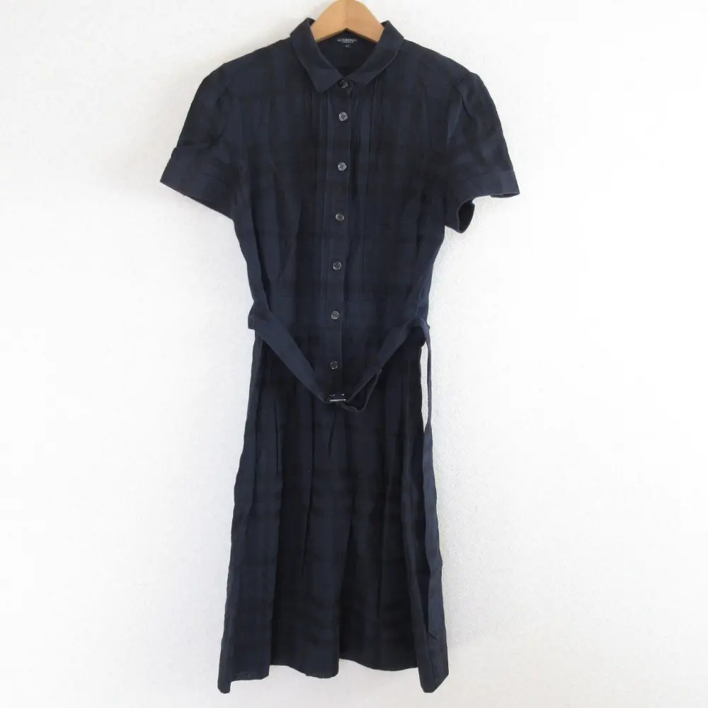 BURBERRY バーバリーロンドン チェック柄 半袖 ベルテッド シャツワンピース 40 ネイビー