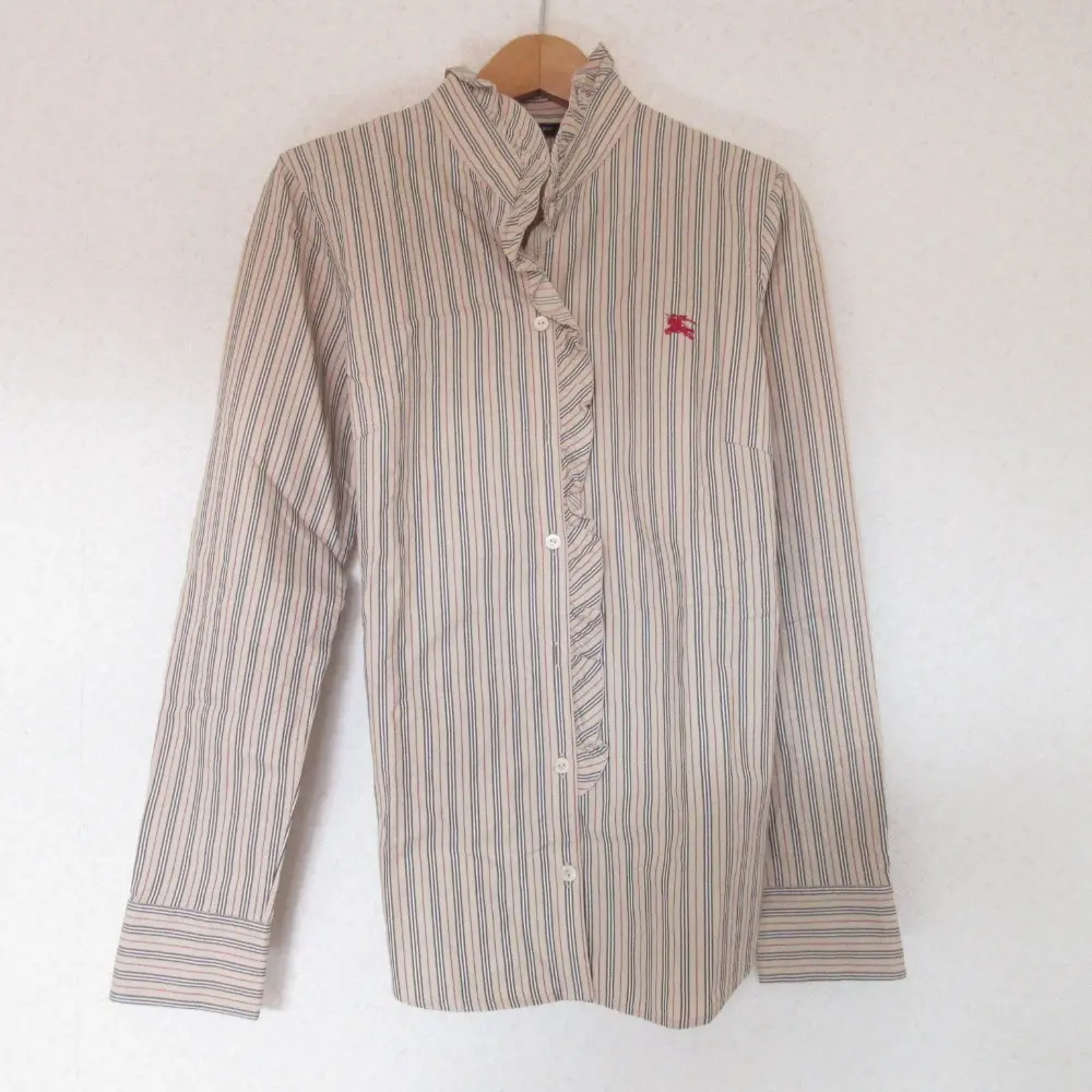 BURBERRY LONDON バーバリー ストライプ柄 ロングスリーブ 長袖 フリルカラー シャツ ブラウス 38 ベージュ系