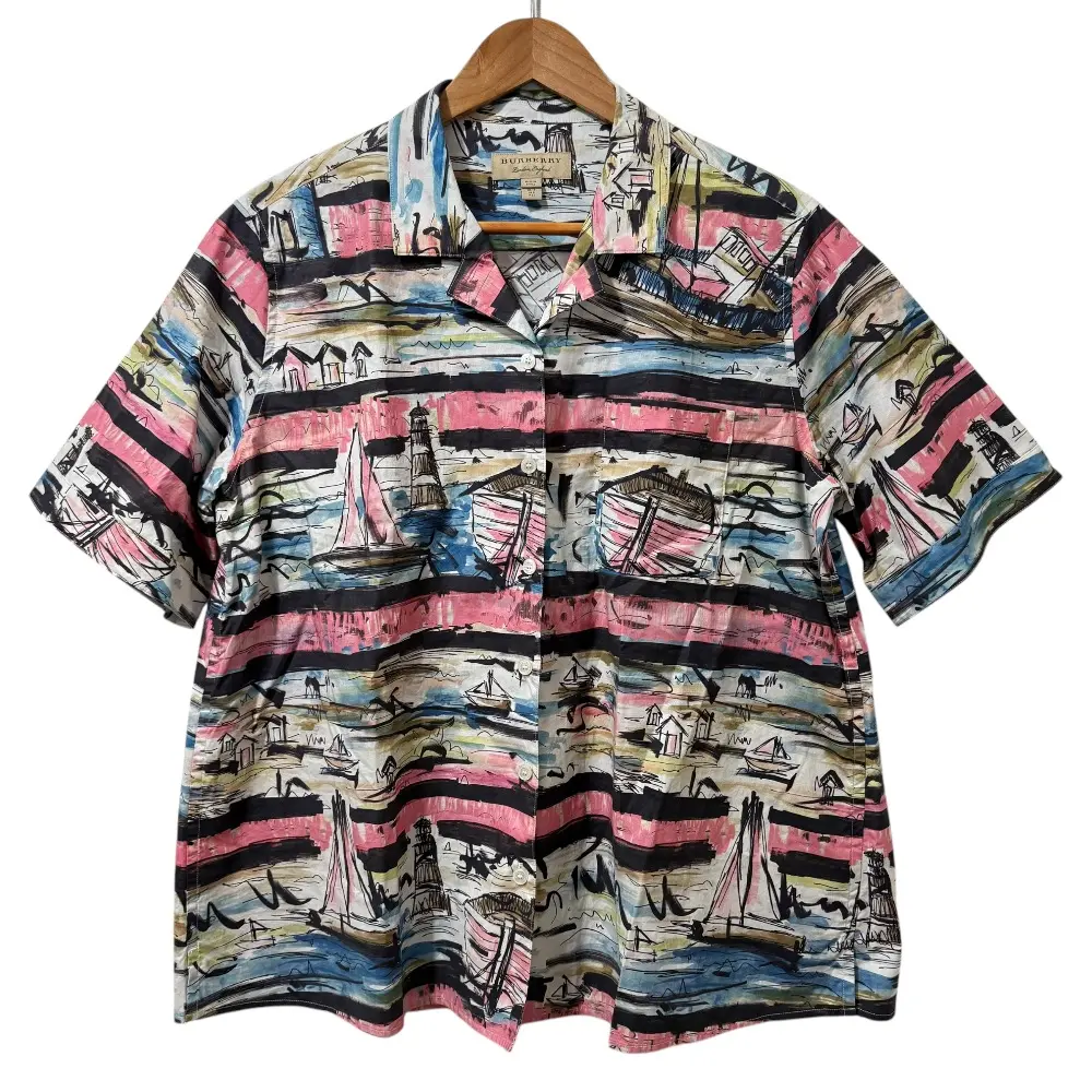 BURBERRY バーバリー 英国製 総柄 半袖 オープンカラーシャツ 42 マルチカラー