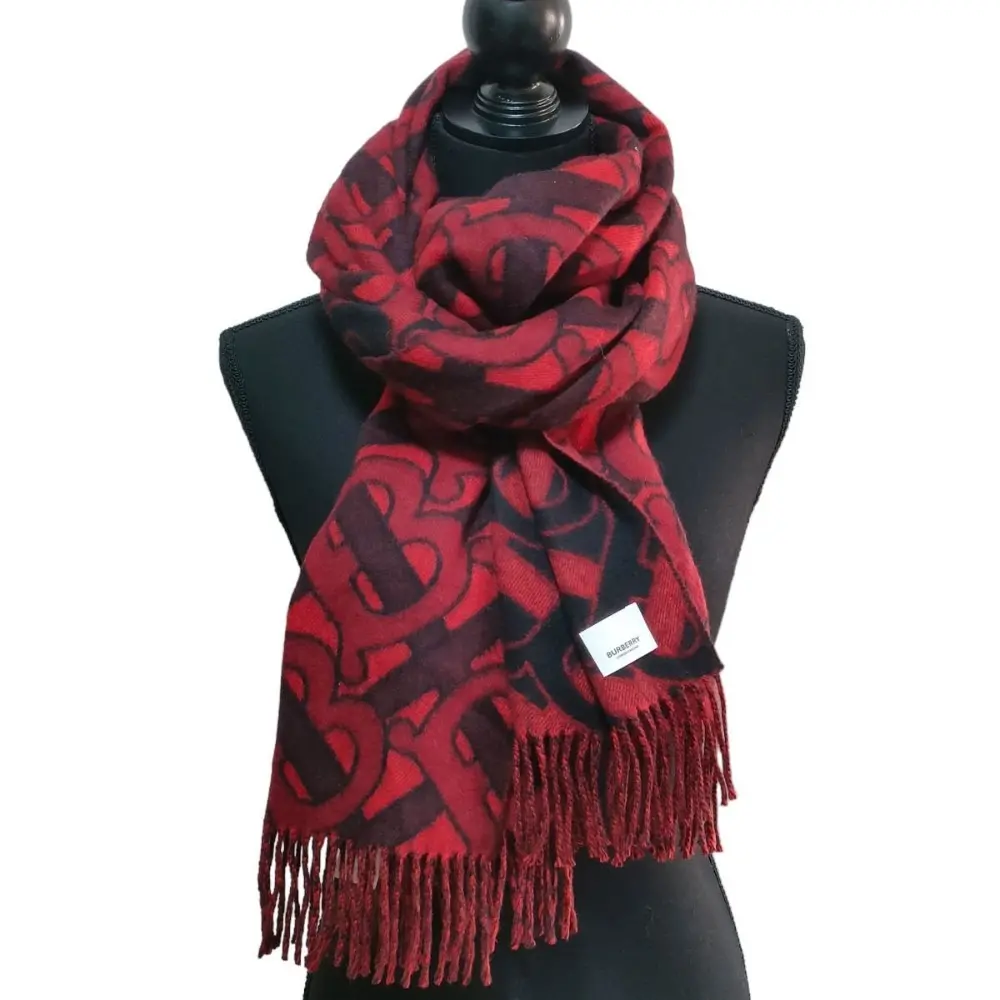 BURBERRY バーバリー カシミア100% TBモノグラムジャガード フリンジ ロング ストール マフラー レッド×ブラック