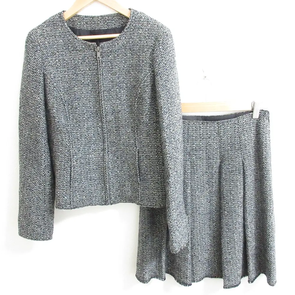 BURBERRY LONDON バーバリー モヘヤブレンド ツイード ノーカラージャケット+ひざ丈スカート セットアップ スーツ 38 グレー