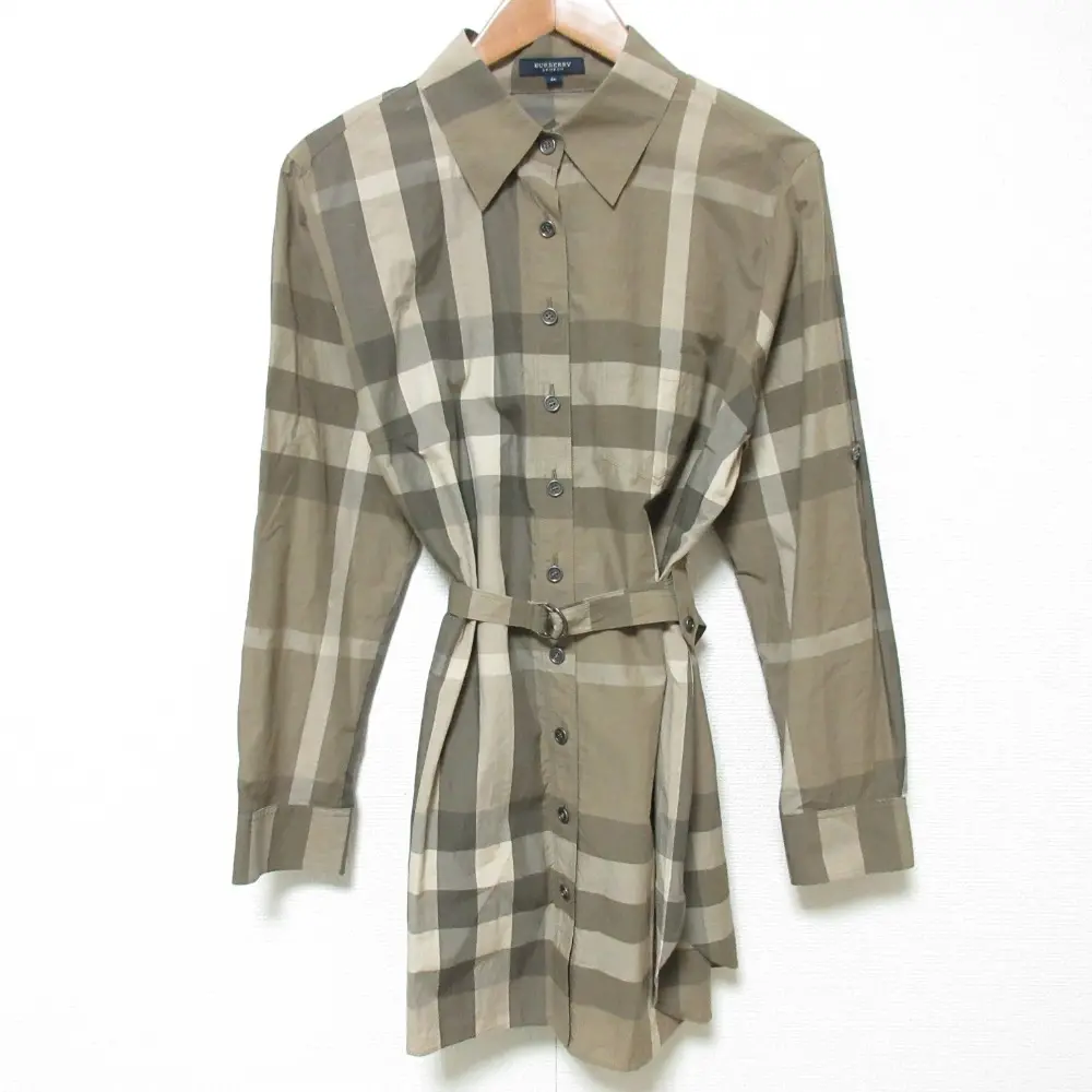BURBERRY LONDON バーバリー チェック柄 ロングスリーブ ベルテッド シャツワンピース チュニック 大きいサイズ 46 ベージュ系