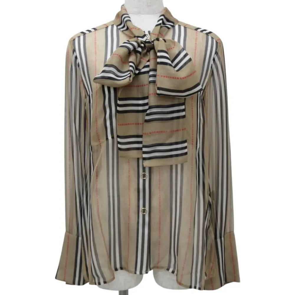 BURBERRY バーバリー Amelie ノバチェック シルク ボウタイ シアーブラウス IT40 ベージュ