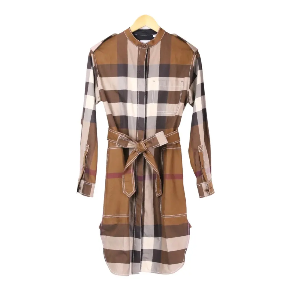 22SS Burberry バーバリー ノバチェック柄 エポレット付き ベルテッド 長袖 シャツ ワンピース ベージュ UK4 ブラウン