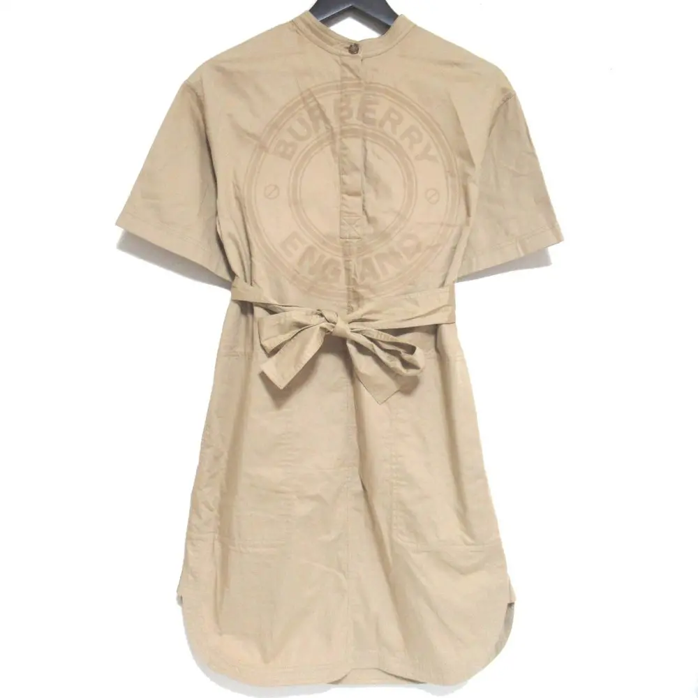 BURBERRY バーバリー ロゴプリント 半袖 ひざ丈 バンドカラー ベルテッド ワンピース IT36サイズ ベージュ