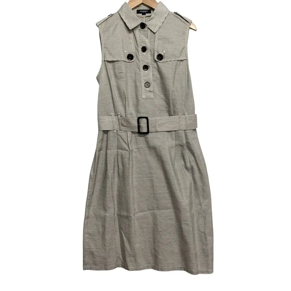 BURBERRY LONDON バーバリーロンドン リネンブレンド ボーダー柄 ノースリーブ ベルト シャツワンピース 38 ホワイト×ブラック