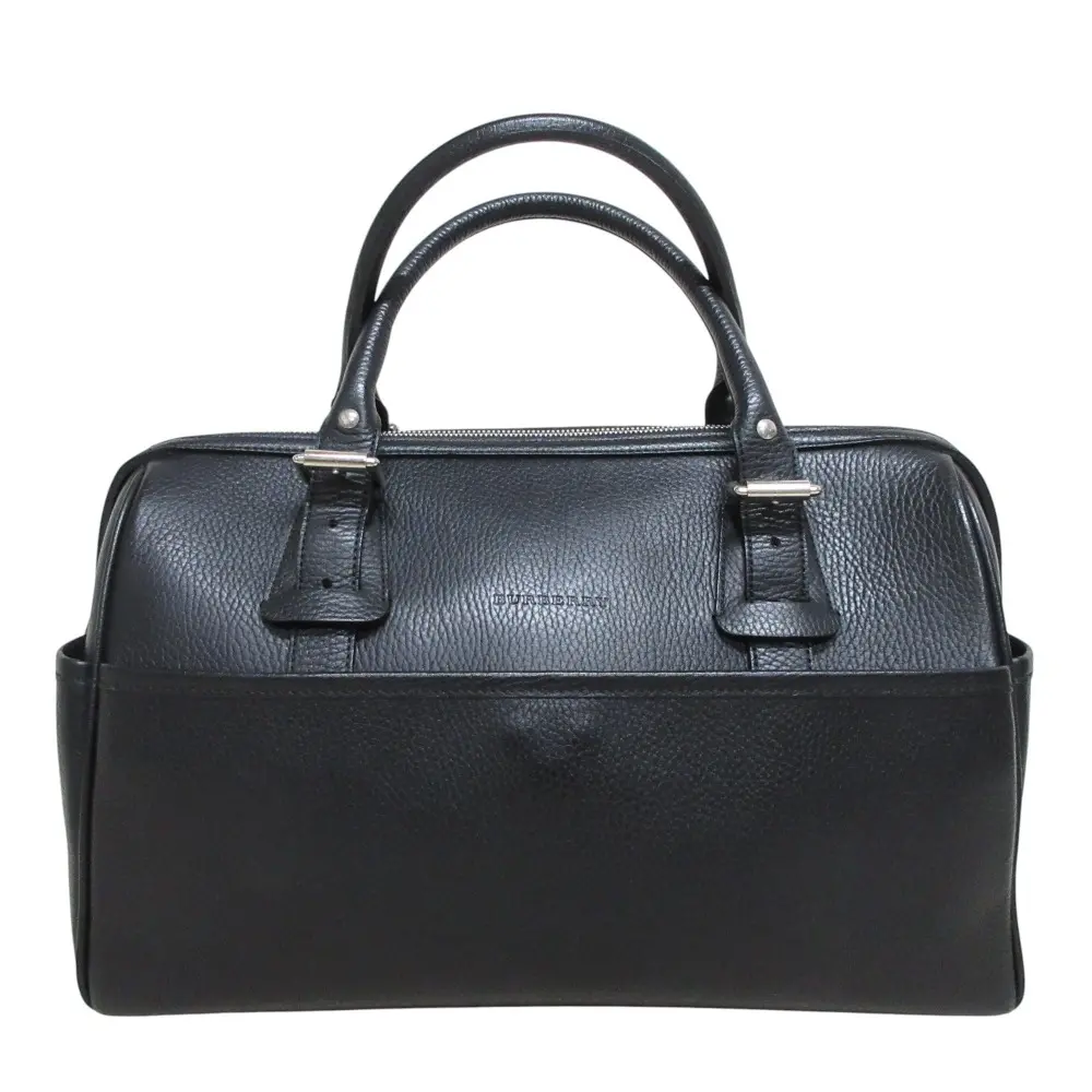 BURBERRY バーバリー 裏地ノバチェック レザー ボストンバッグ ハンドバッグ ブラック