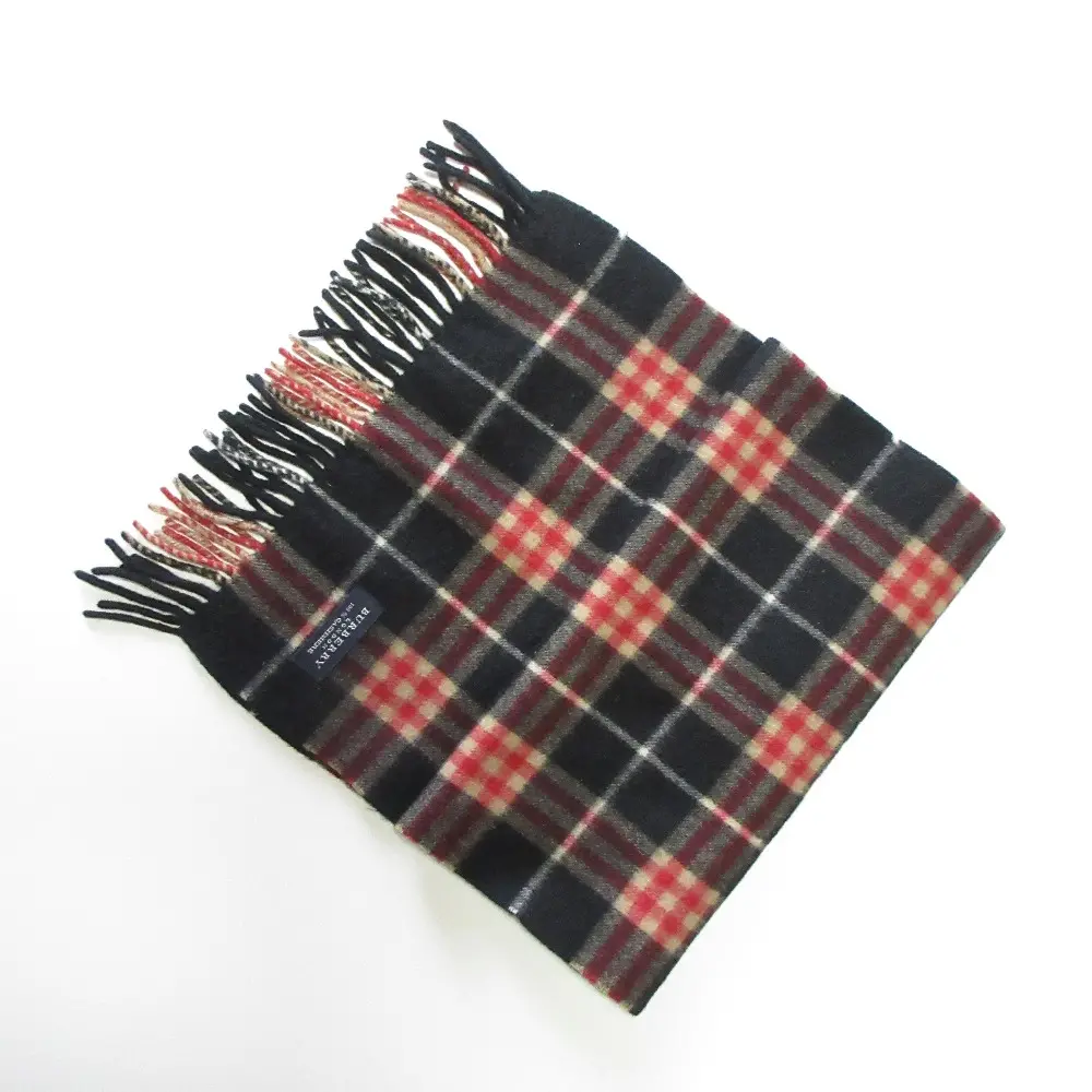 BURBERRY LONDON バーバリーロンドン チェック柄 カシミヤ フリンジ マフラー ブラック