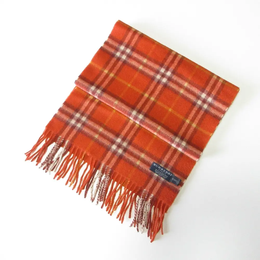 BURBERRY LONDON バーバリーロンドン 英国製 チェック柄 カシミヤ フリンジ マフラー オレンジ