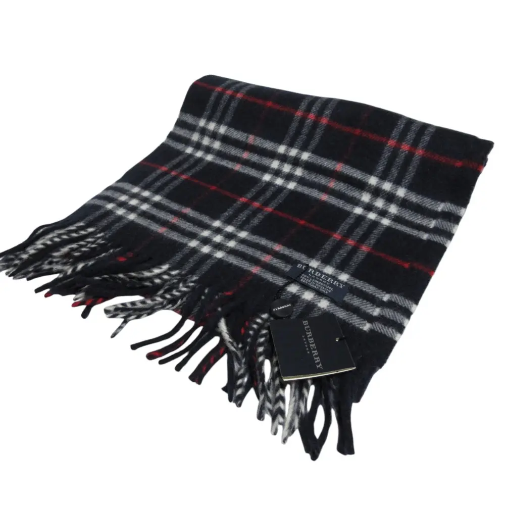 BURBERRY バーバリー ウール100% ノバチェック フリンジマフラー ネイビー