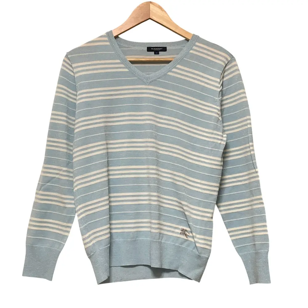 BURBERRY LONDON バーバリーロンドン ボーダー Vネック 長袖 ニット カットソー サイズ5 ライトブルー ホワイト