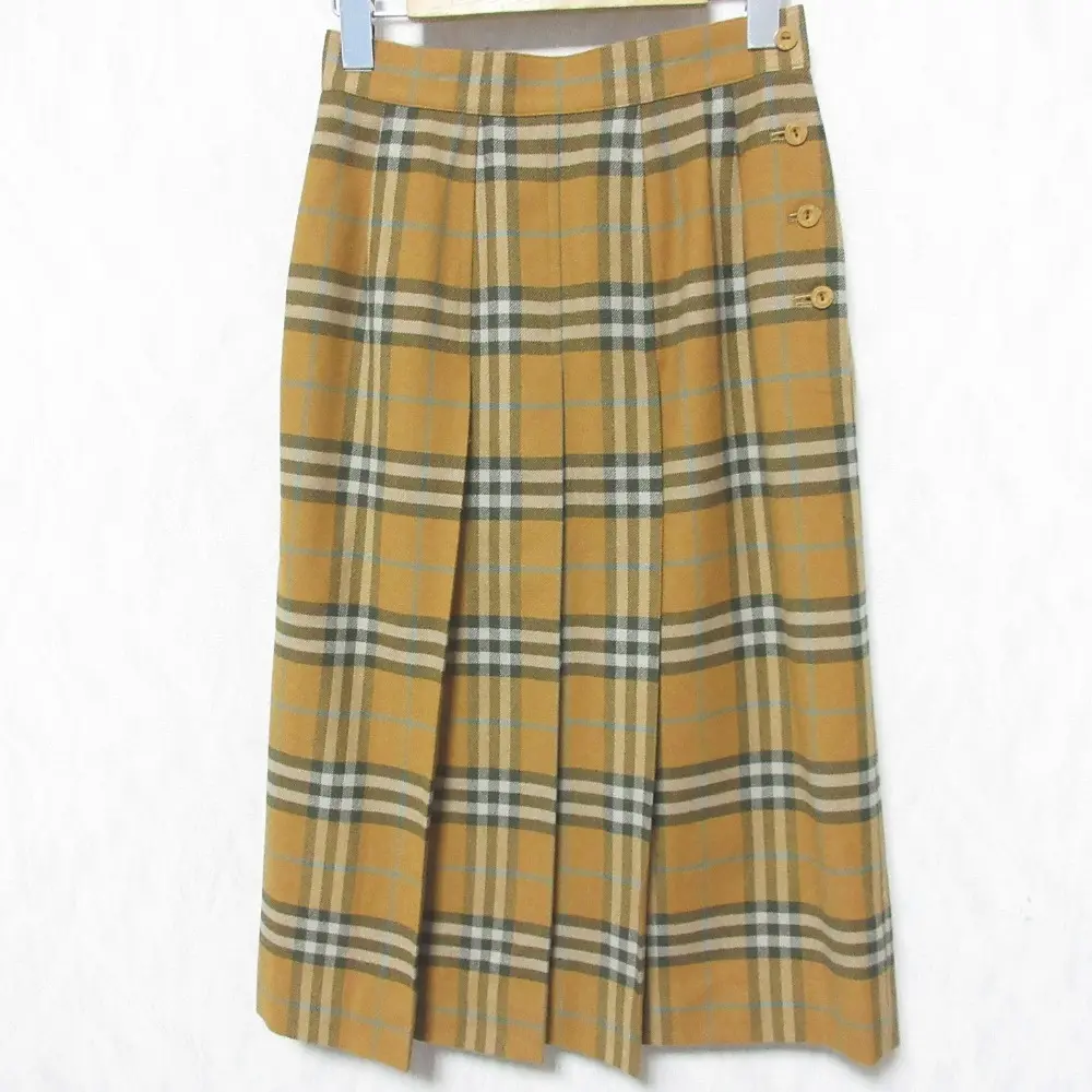 Burberrys バーバリー ヴィンテージ チェック柄 ウール ミモレ丈 プリーツ タイトスカート 9AB2 ブラウン系