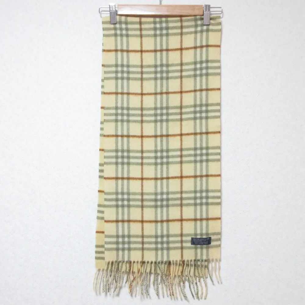 Burberrys バーバリー ヴィンテージ カシミヤ100％ チェック柄 フリンジ マフラー ストール イエロー系