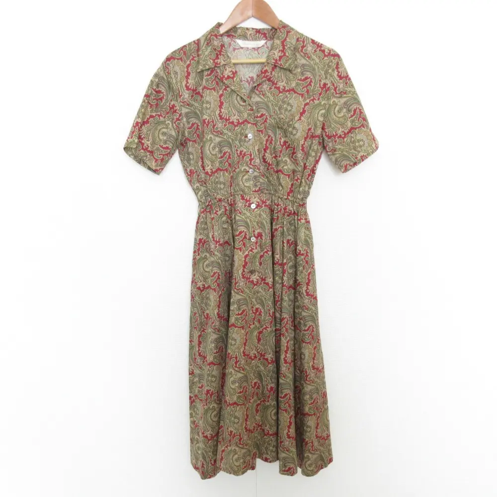 Burberrys バーバリー ヴィンテージ ペイズリー柄 半袖 ロング フレア シャツワンピース 11AR ボルドー×グリーン