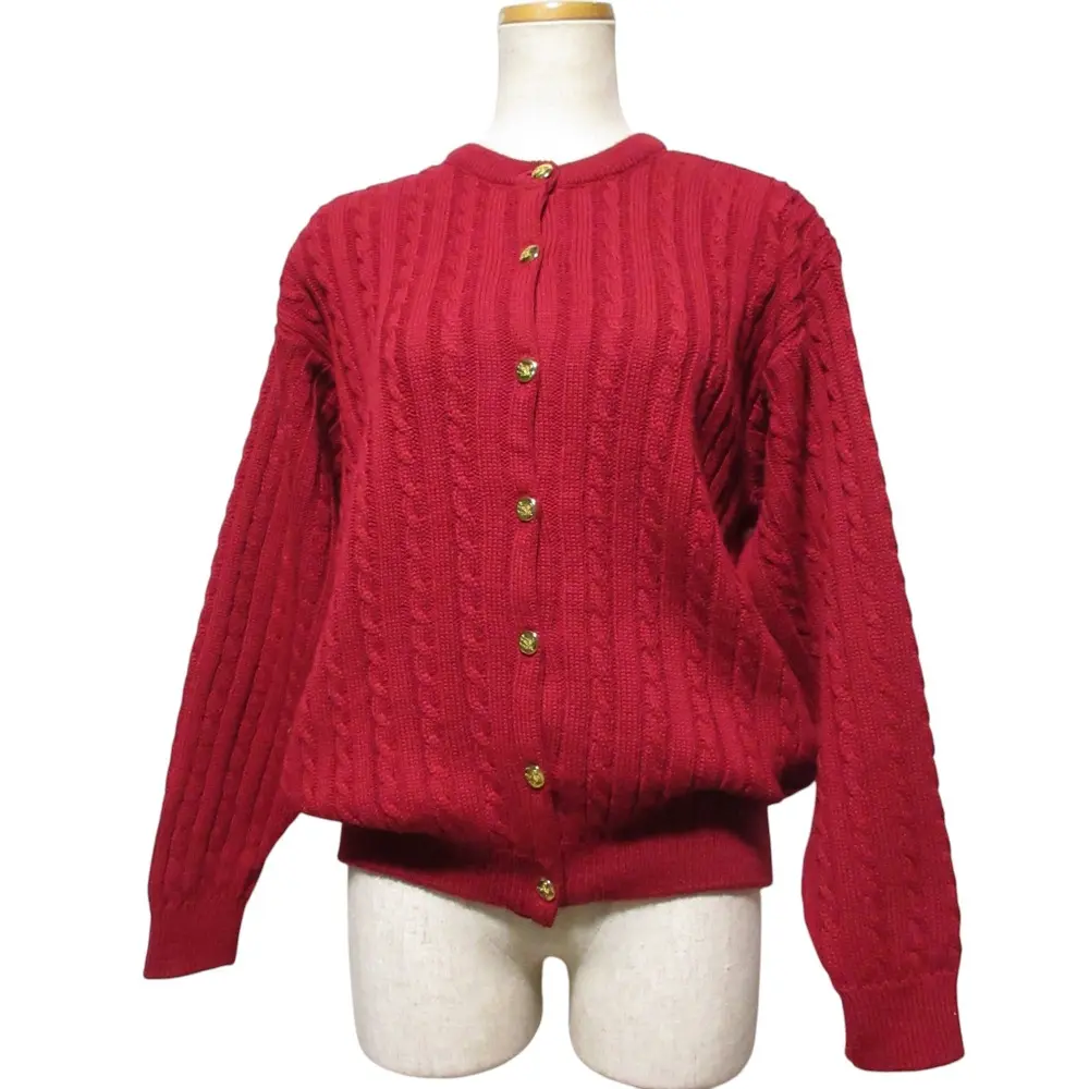 BURBERRYS バーバリーズ ヴィンテージ 金釦 クルーネック ケーブルニット カーディガン L レッド