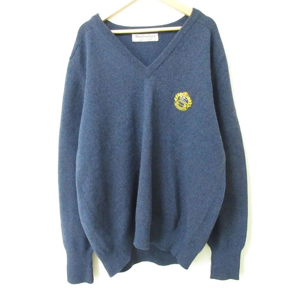Burberrys バーバリー ヴィンテージ ウール100％ ロゴ刺繍 Vネック 長袖 オーバーサイズ ニット セーター サイズ44 ネイビー