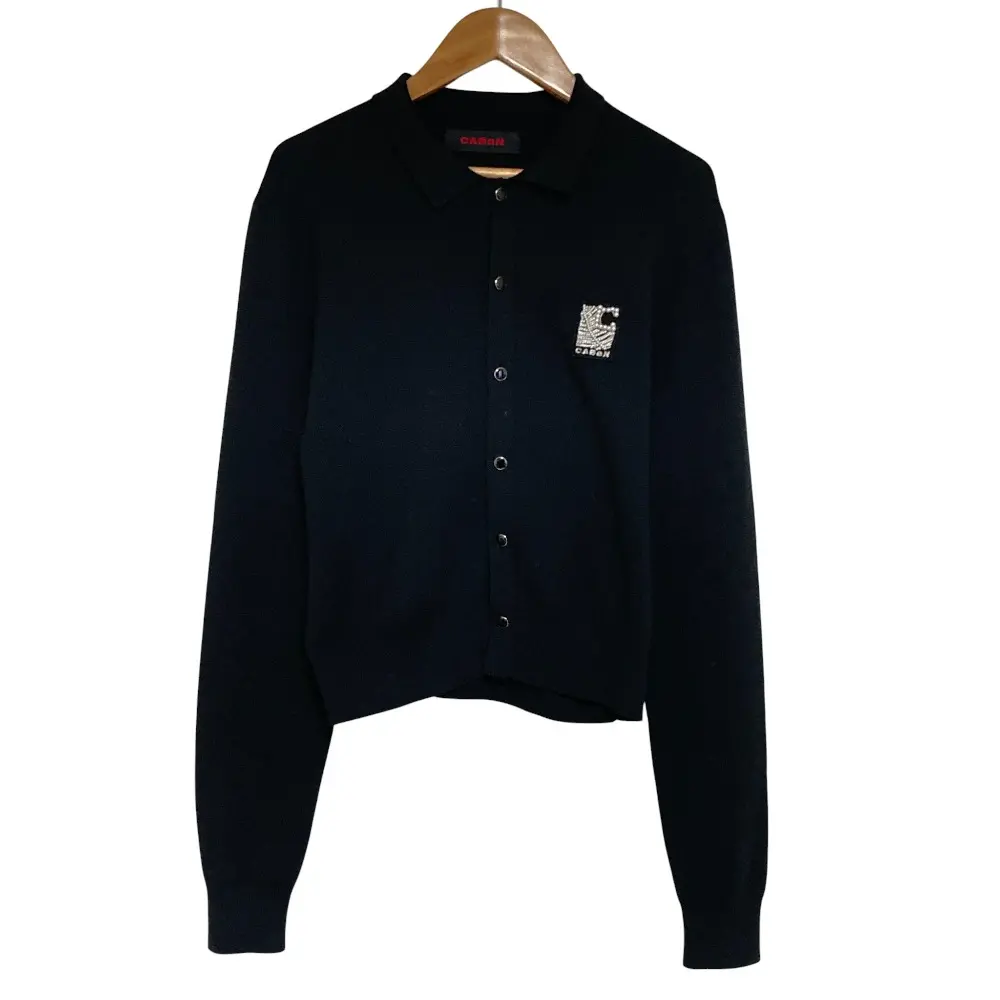 24AW キャバン コットンカシミヤ パールロゴポロカーディガン 39-02-44-02001 サイズF ブラック