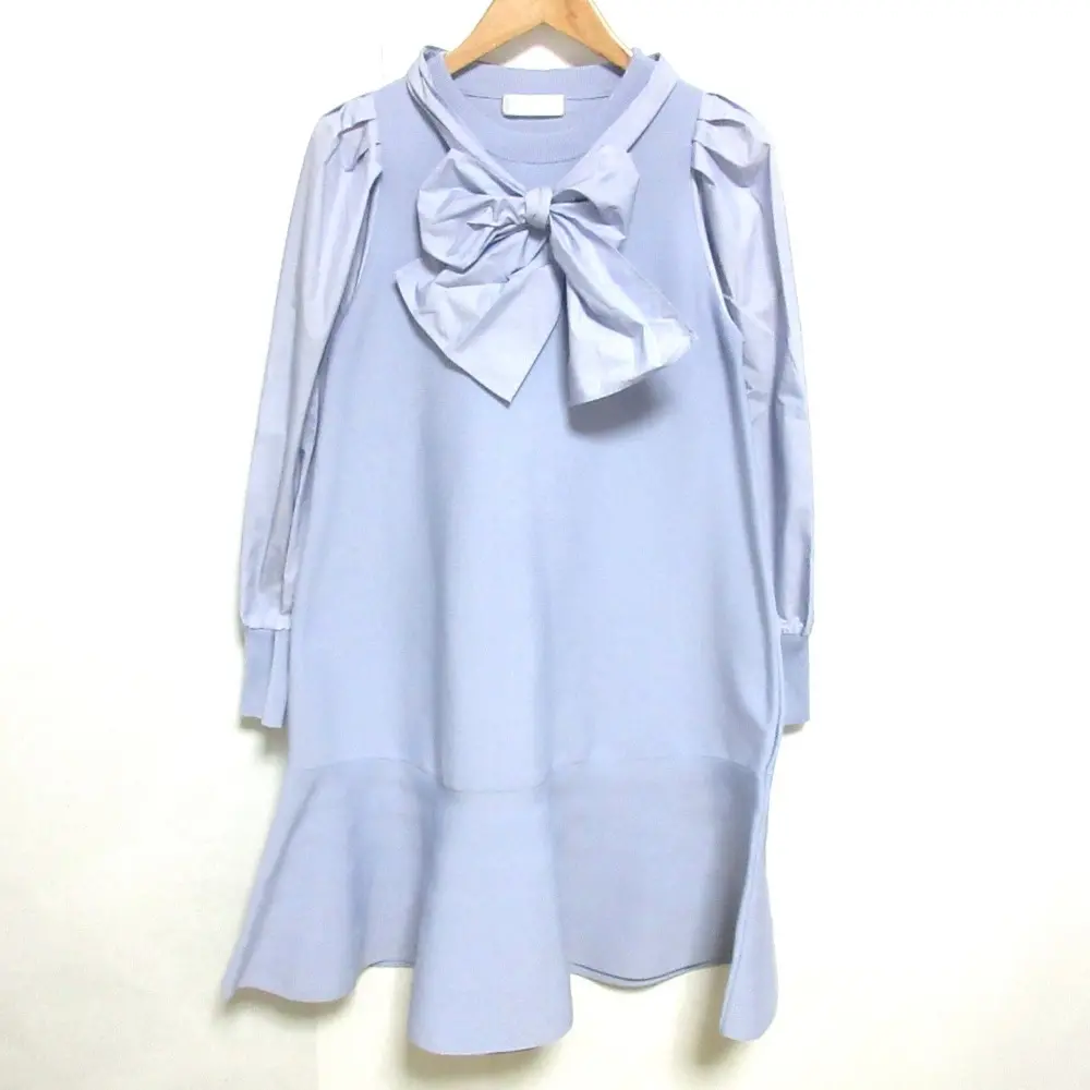 22SS CELFORD セルフォード パフスリーブ 長袖 クルーネック ひざ丈 ドッキング ニット フレアワンピース 36 サックスブルー