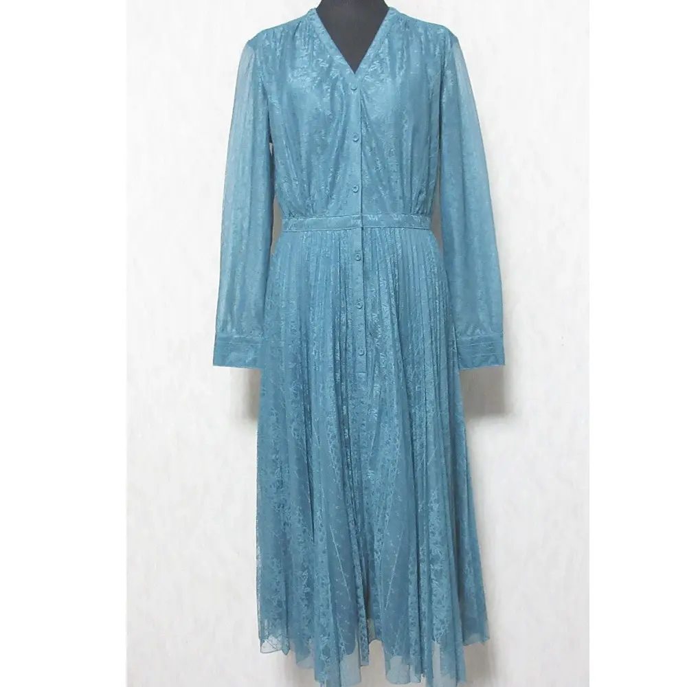 CELFORD セルフォード ストライプレースワンピース 長袖 フレア ロング シャツドレス CWFO211001 36 ターコイズブルー