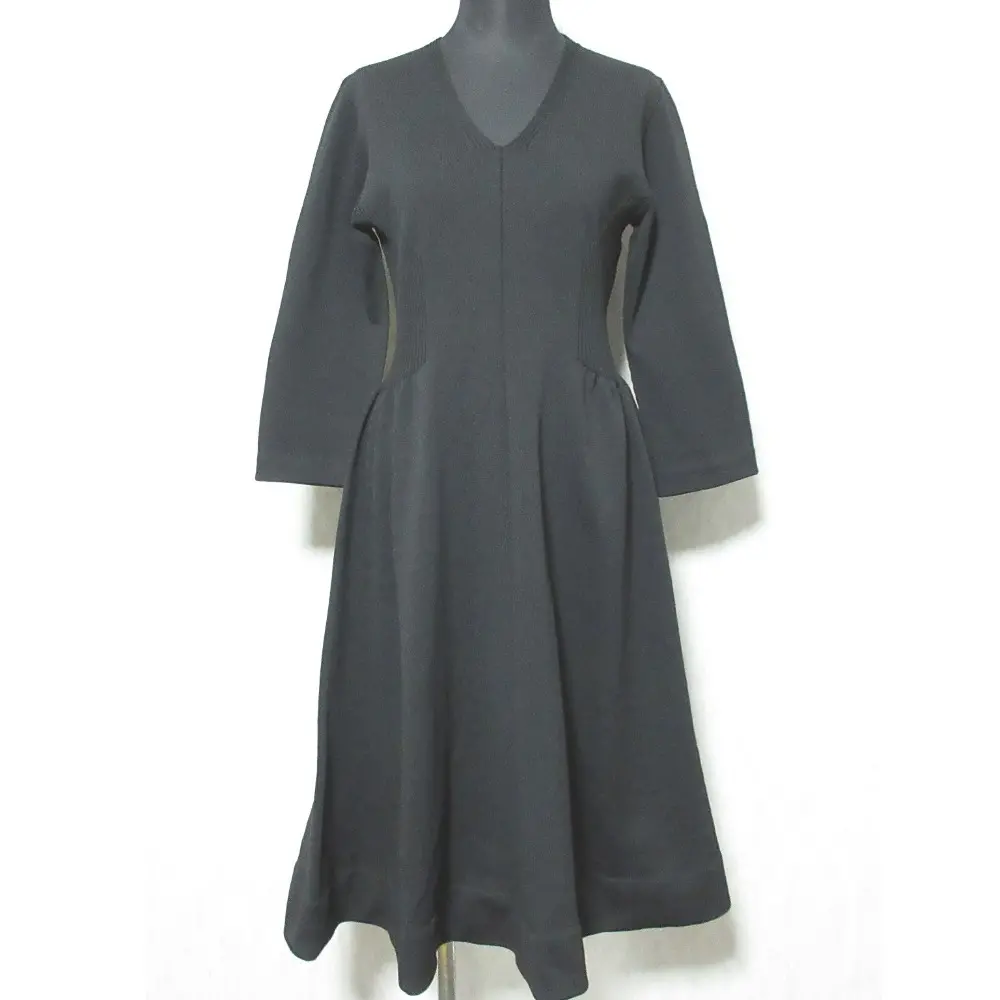 CELFORD セルフォード Vネック ホールガーメントニットワンピース 七分袖 フレア ミディドレス CWNO204103 36 ブラック