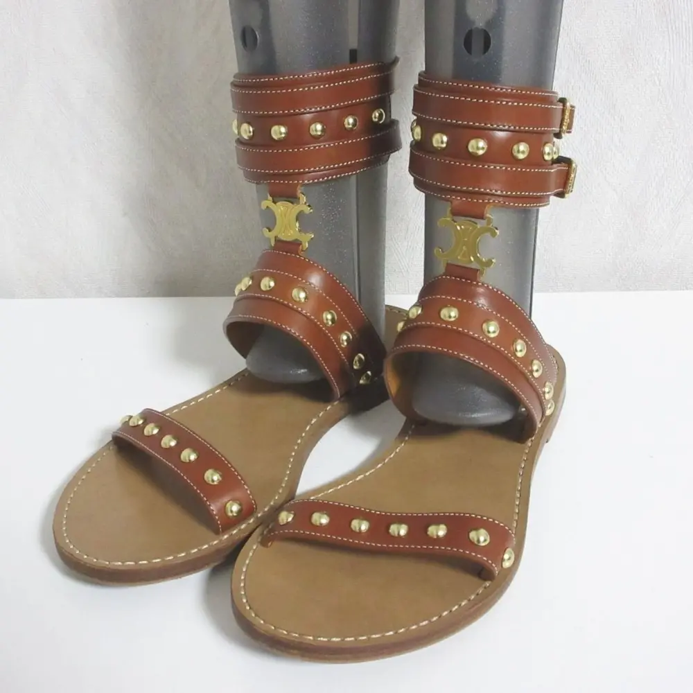 22SS CELINE セリーヌ レザー トリオンフ スタッズ フラットサンダル 36 23cm相当 ブラウン×ゴールド金具