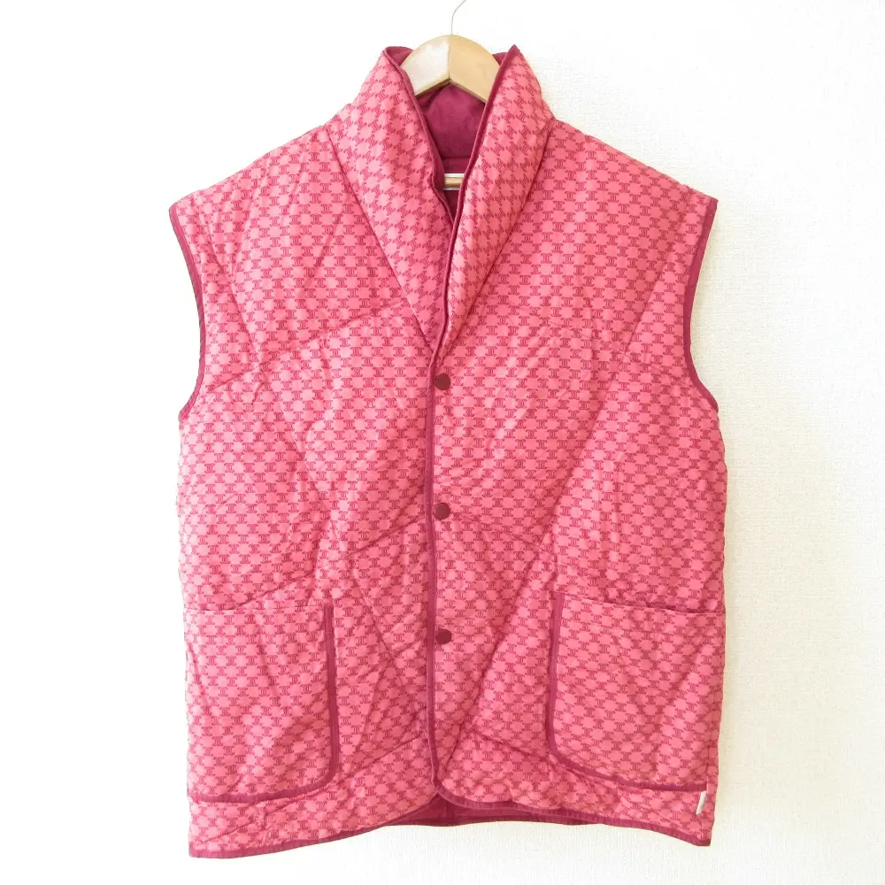 CELINE セリーヌ マカダム柄 総柄 西川ダウン ベスト ジャケット ブルゾン ピンク×ワインレッド