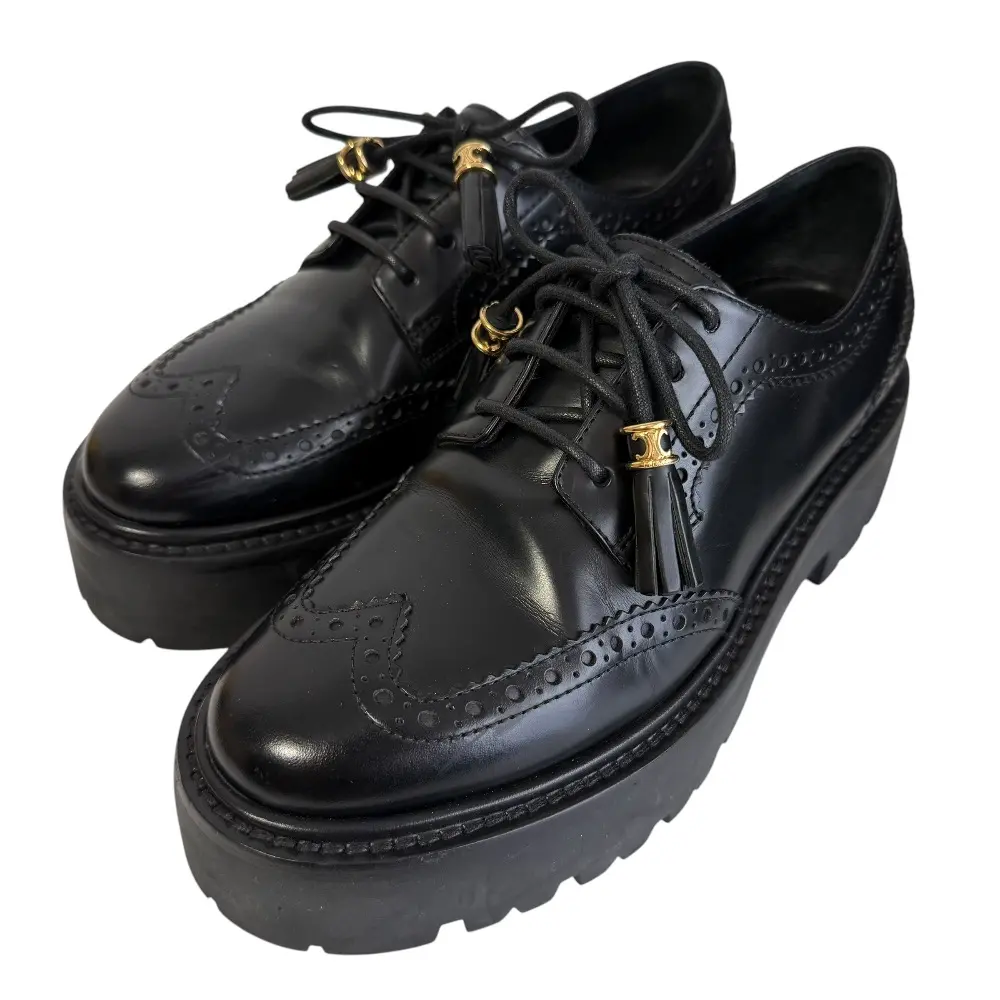 22AW CELINE セリーヌ レザー トリオンフ金具 ウィングチップ ドレスシューズ バルキーシューズ 37 24cm相当 ブラック