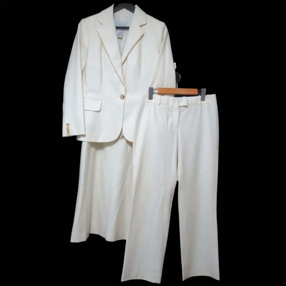 CELINE セリーヌ 3ピース テーラードジャケット+スラックス パンツ+ひざ丈 スカート スーツ セットアップ 38サイズ オフホワイト