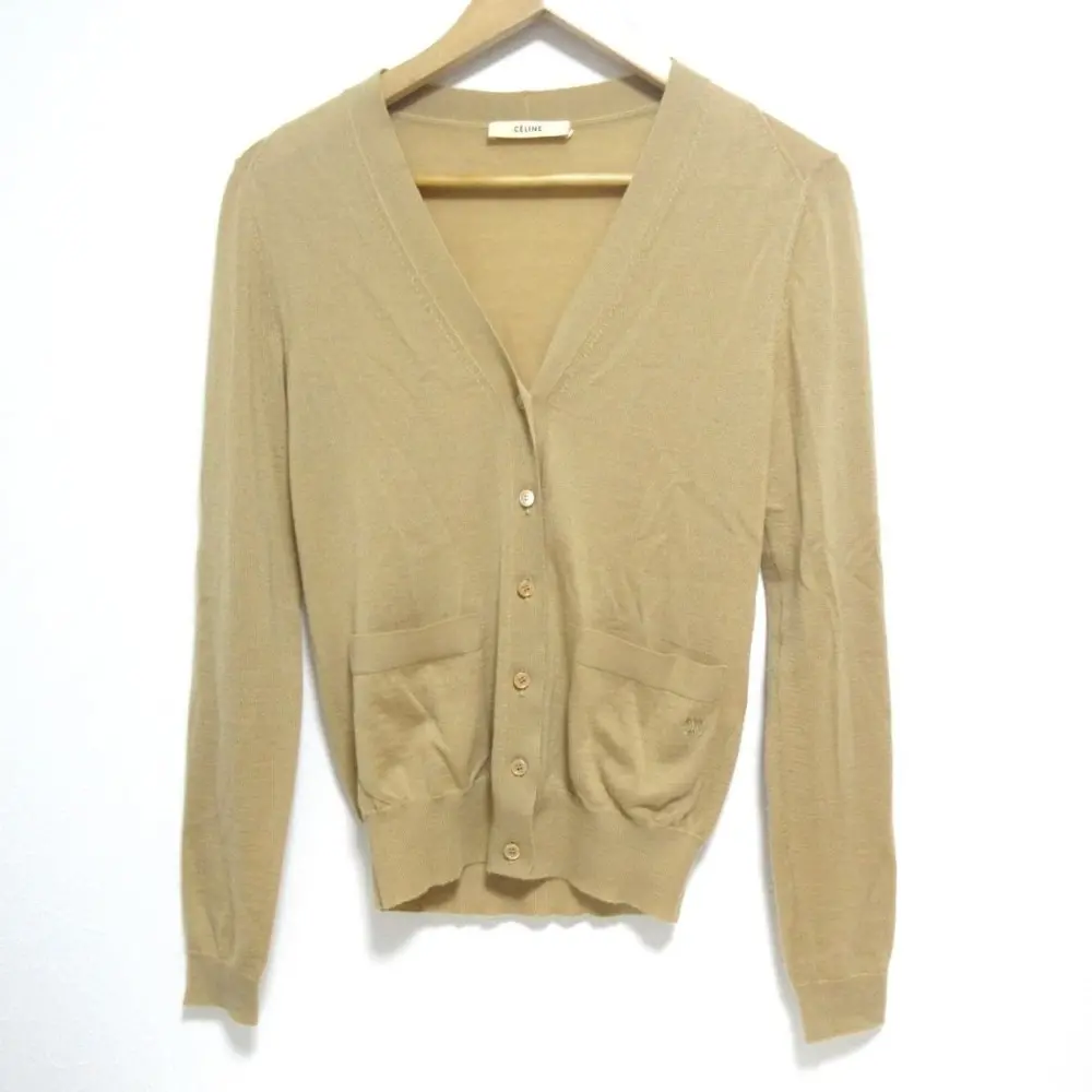 CELINE セリーヌ フィービー期 カシミヤ100％ マカダム刺繍 長袖 ハイゲージニット カーディガン XSサイズ ベージュ