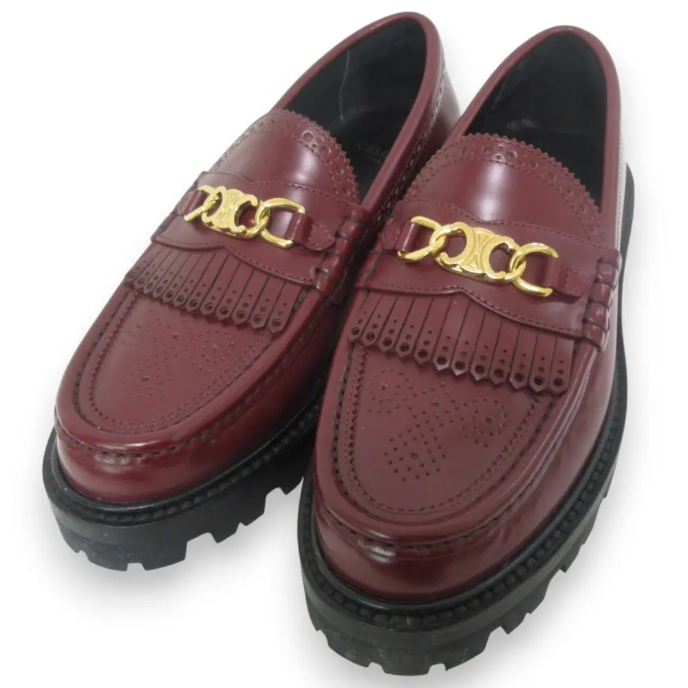 CELINE セリーヌ マーガレット トリオンフチェーン レザー フリンジローファー 36 約23cm ボルドー×ゴールド金具