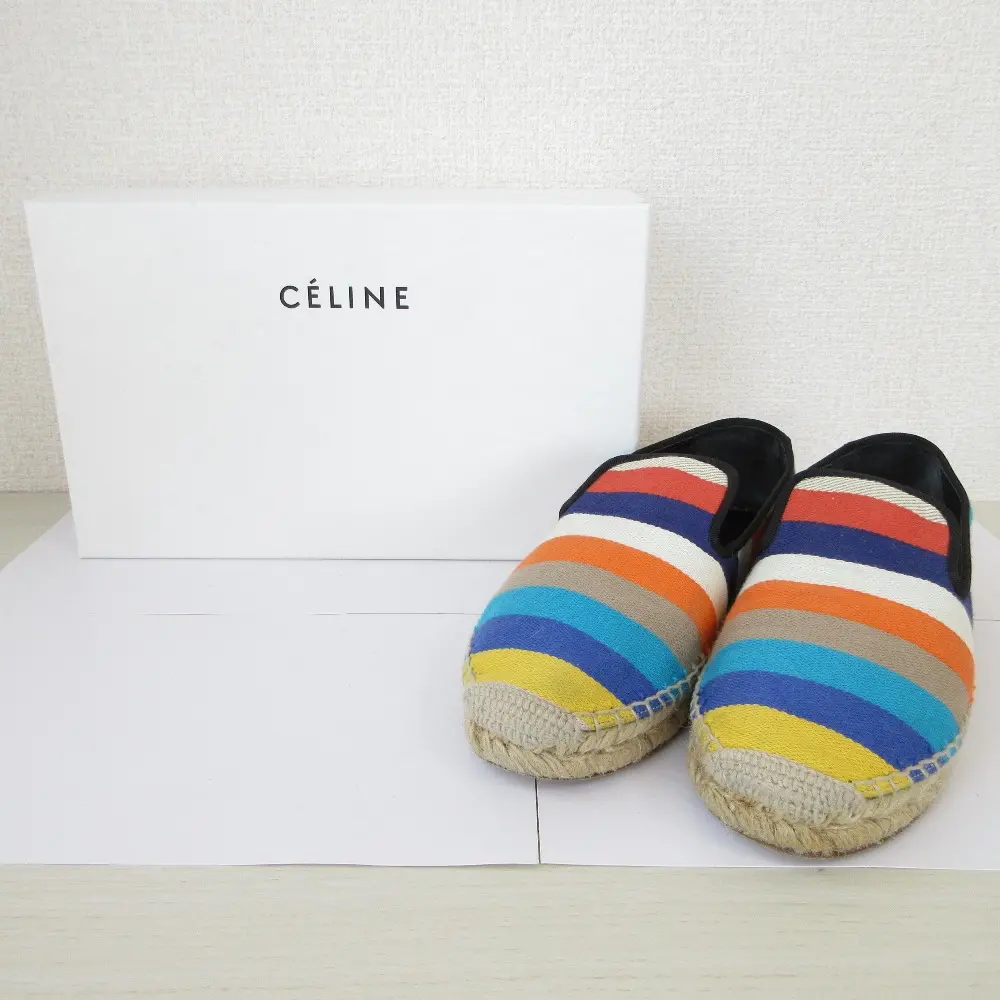 CELINE セリーヌ フィービー期 マルチボーダー エスパドリーユ フラットシューズ スリッポン 37 24cm相当 マルチカラー