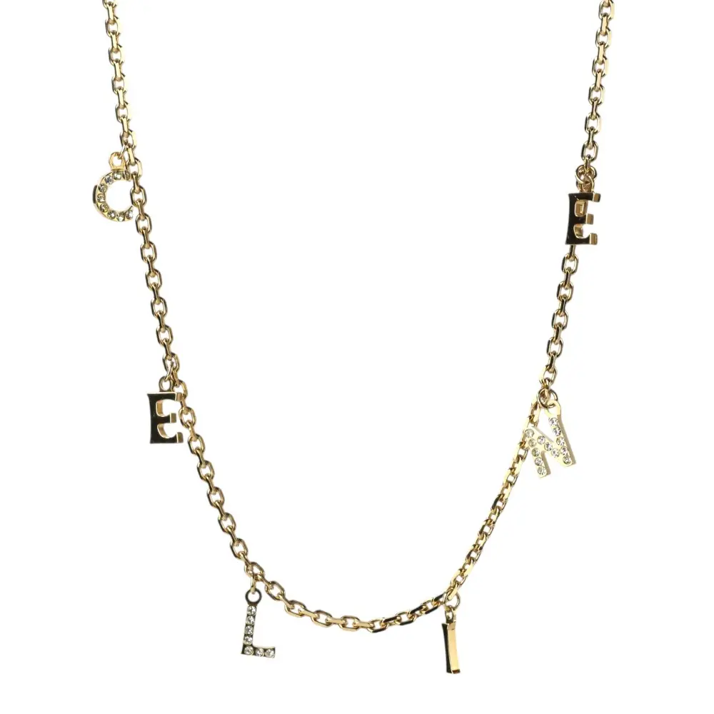 CELINE セリーヌ ストーン付き ロゴチャーム ネックレス ゴールドカラー