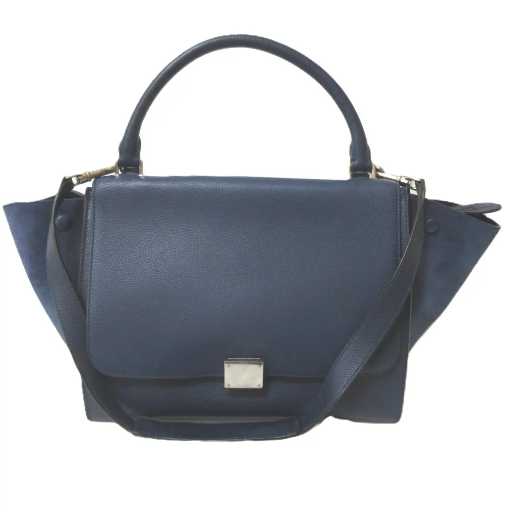 CELINE セリーヌ トラペーズ レザー スエード ターンロック ハンドバッグ ショルダーバッグ ネイビー×シルバー金具