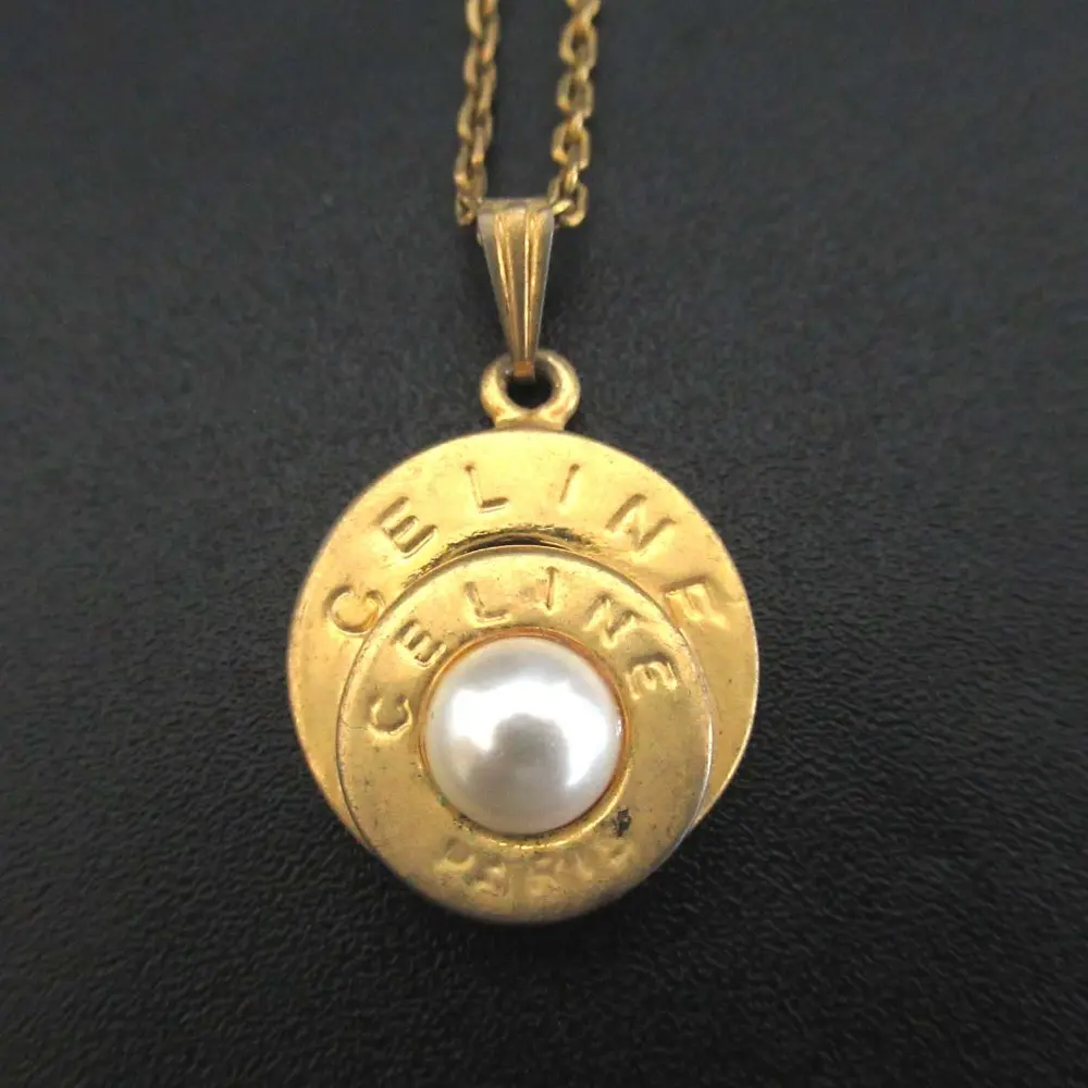 CELINE セリーヌ GP サークルロゴ パール ネックレス ペンダント アクセサリー ゴールドカラー