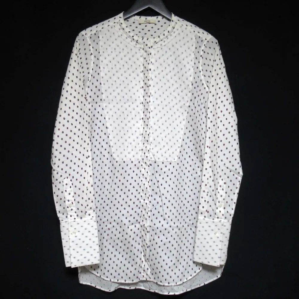 CELINE セリーヌ フィービー期 ドット柄刺繍 ノーカラーシャツ タキシードシャツ サイズ42 ホワイト レッド×ブルー